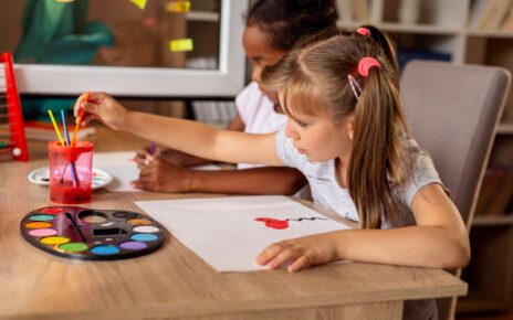 Children doing art class at home