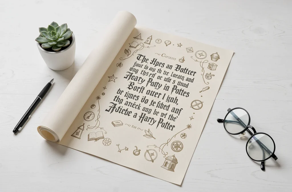 Affiche Harry Potter typographique déroulée à plat sur un bureau blanc avec accessoires magiques pour décoration
