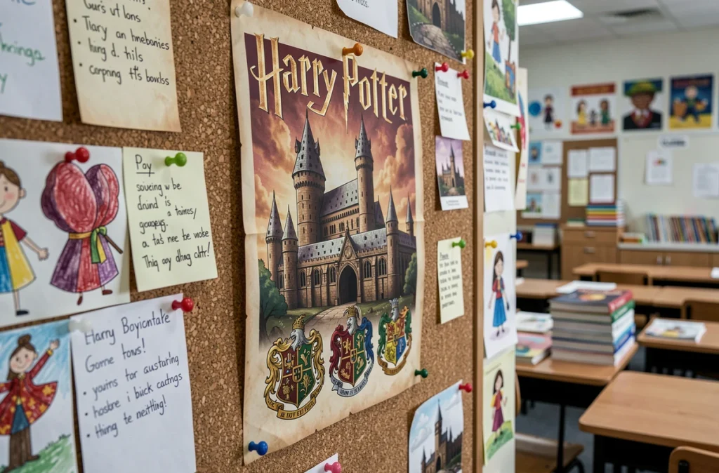 Affiche Harry Potter avec château de Poudlard et blasons des maisons épinglée sur un tableau d'affichage en liège dans une salle de classe