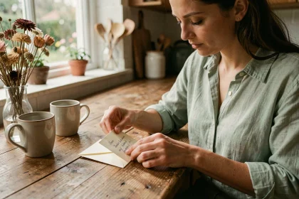 Femme écrivant une lettre manuscrite pour annoncer une marraine de façon surprenante et touchante