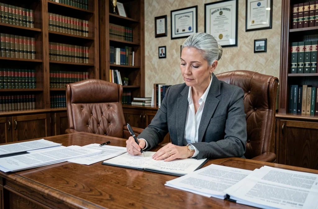 Notaire ou avocate annotant un testament olographe dans un bureau juridique professionnel