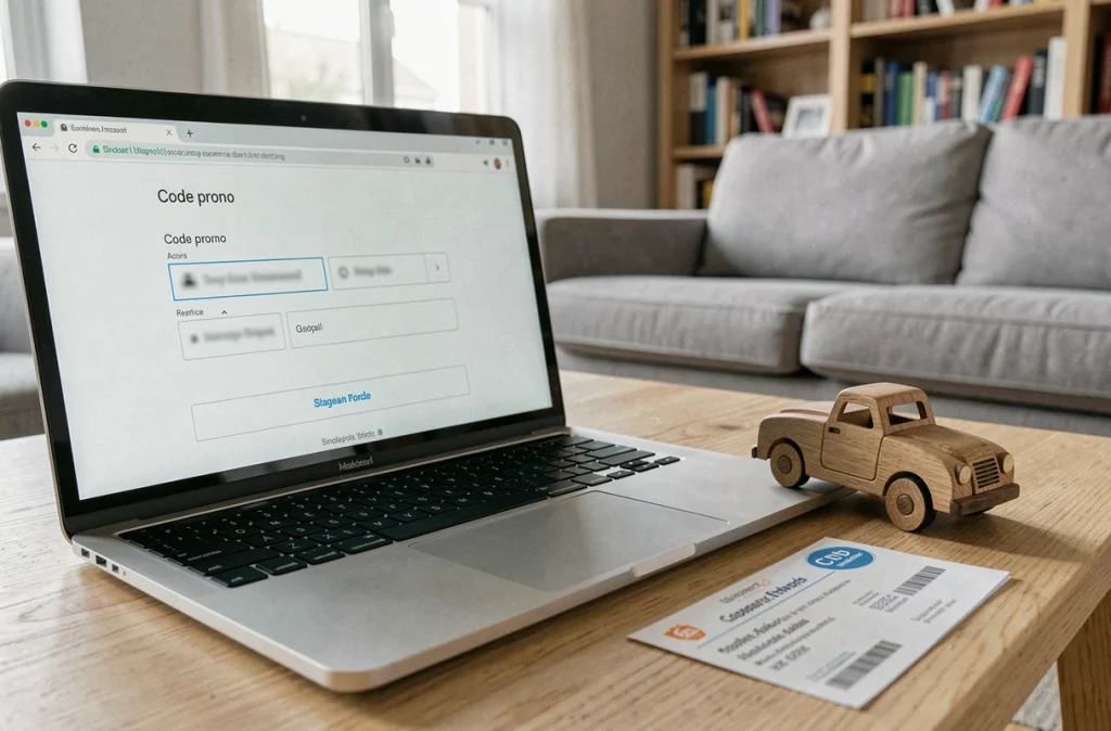 Écran d'ordinateur portable affichant un champ de code promo sur une boutique de jouets en bois avec une voiture en bois posée à côté