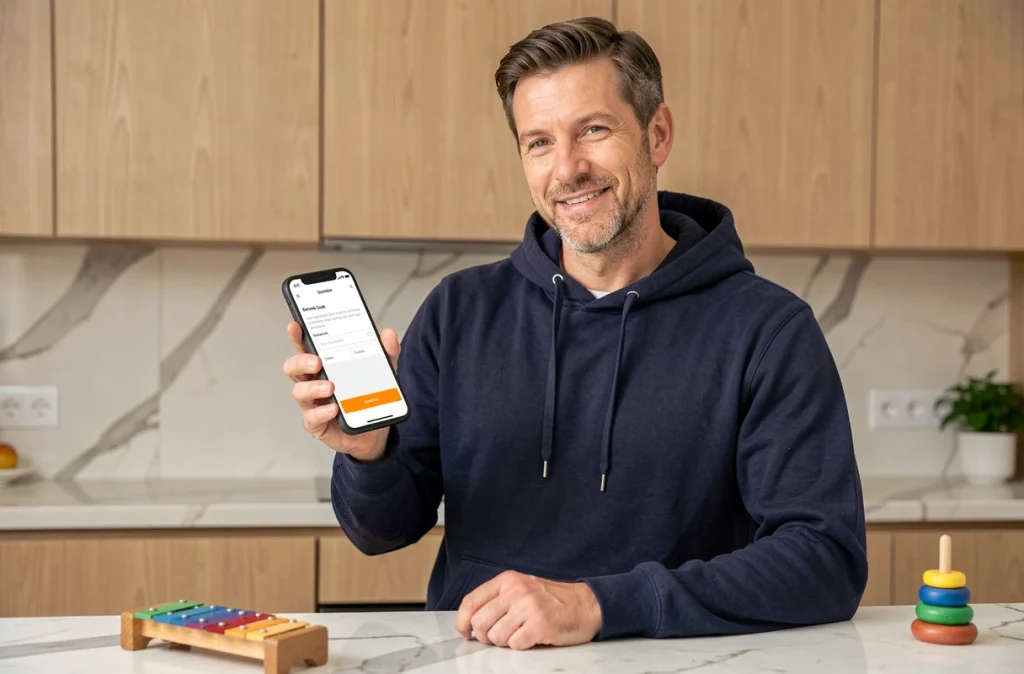 Homme utilisant un smartphone pour entrer un code promotionnel sur une boutique de jouets en bois en ligne