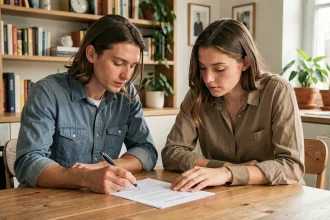 Couple remplissant ensemble un certificat de concubinage à leur table de cuisine