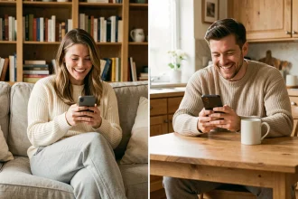 Couple jouant aux Z'amours à distance via smartphone, chacun chez soi dans un cadre cosy et chaleureux