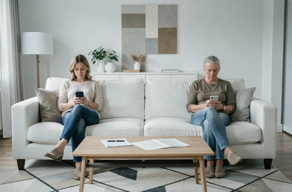 Couple assis séparément dans un appartement moderne consultant leurs appareils numériques lors d'une procédure de divorce en ligne