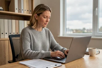 Femme complétant une procédure de divorce en ligne sur un ordinateur portable dans un bureau à domicile contemporain
