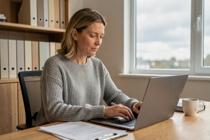 Femme complétant une procédure de divorce en ligne sur un ordinateur portable dans un bureau à domicile contemporain