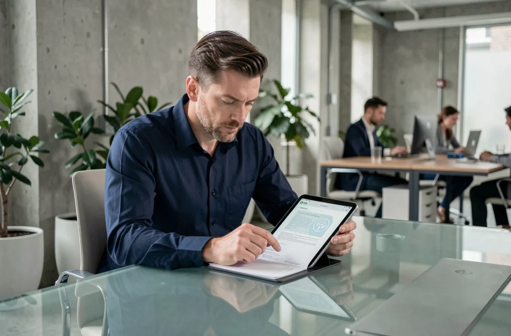 Homme consultant des documents juridiques liés à un divorce en ligne sur une tablette dans un espace de coworking moderne