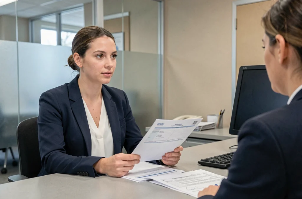 Femme en entretien dans une agence pour l'emploi pour comprendre ses droits au chômage pendant la maternité