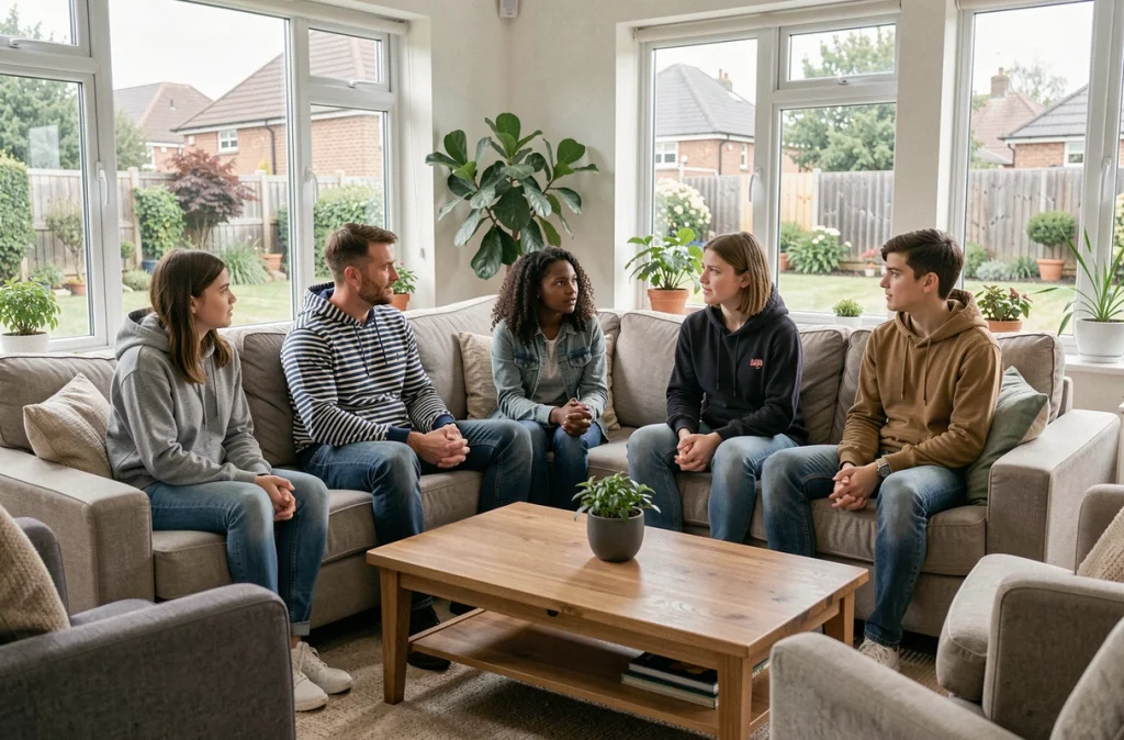 Famille recomposée réunie dans le salon pour discuter des dispositions successorales et du testament