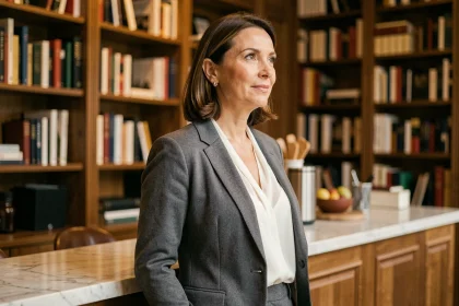 Femme élégante dans un café parisien, silhouette mise en valeur, ambiance rumeurs et célébrités 2026
