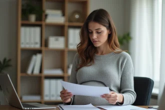 Femme enceinte consultant des documents administratifs sur son congé maternité à domicile