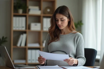 Femme enceinte consultant des documents administratifs sur son congé maternité à domicile