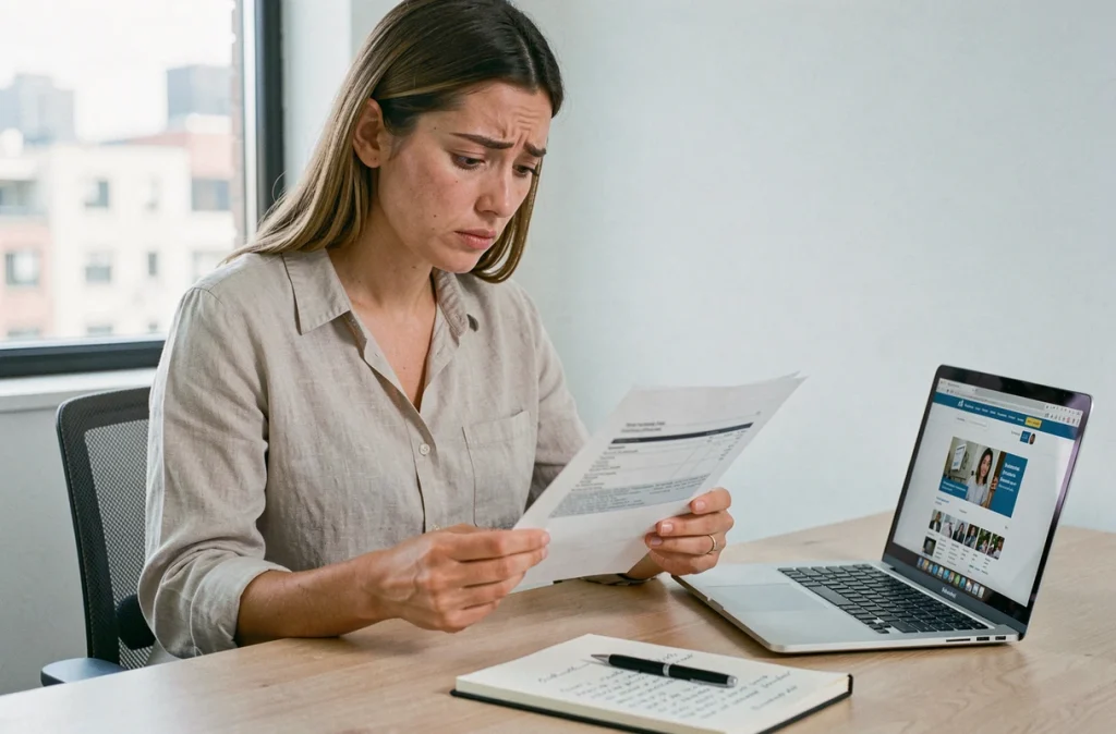 Femme seule consultant un formulaire de certificat de concubinage à son bureau à domicile