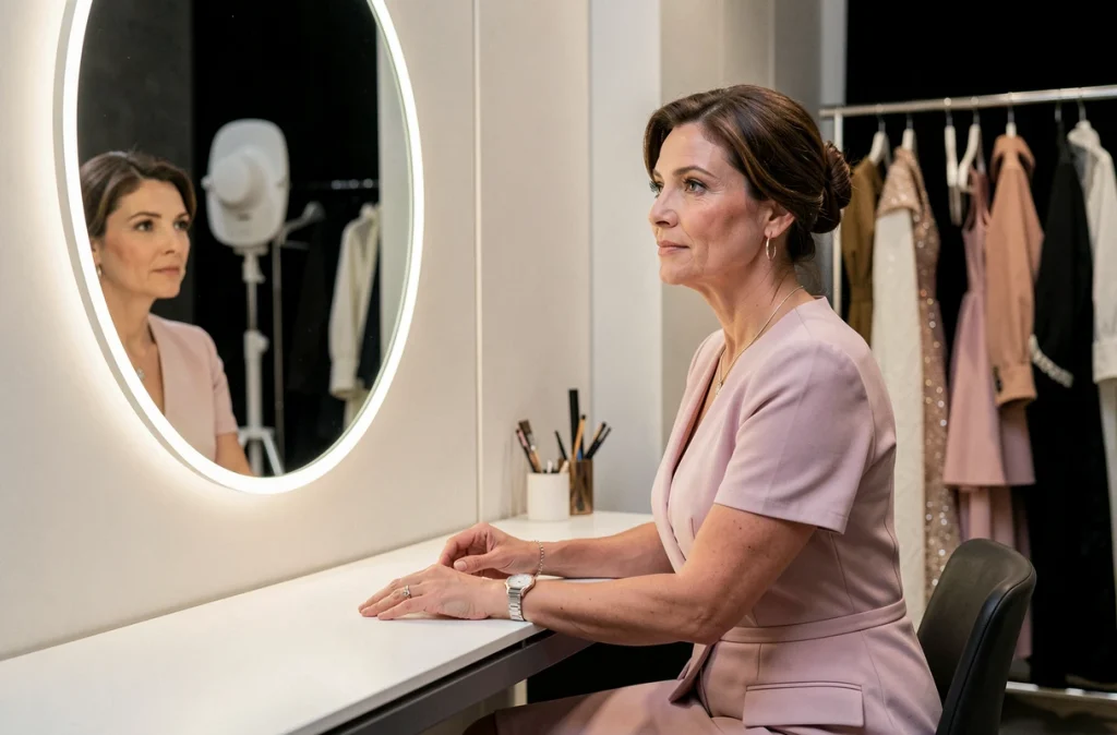 Femme pensive dans une loge de spectacle, reflet dans un miroir, univers des célébrités et rumeurs médiatiques