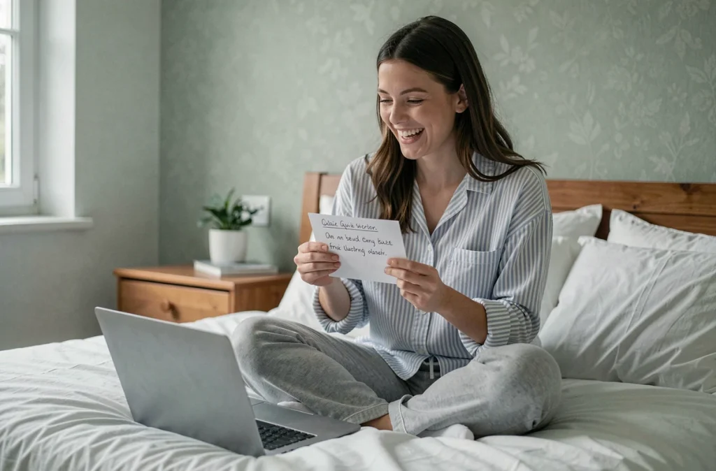 Femme jouant au quiz Les Z'amours en ligne depuis sa chambre avec un ordinateur portable