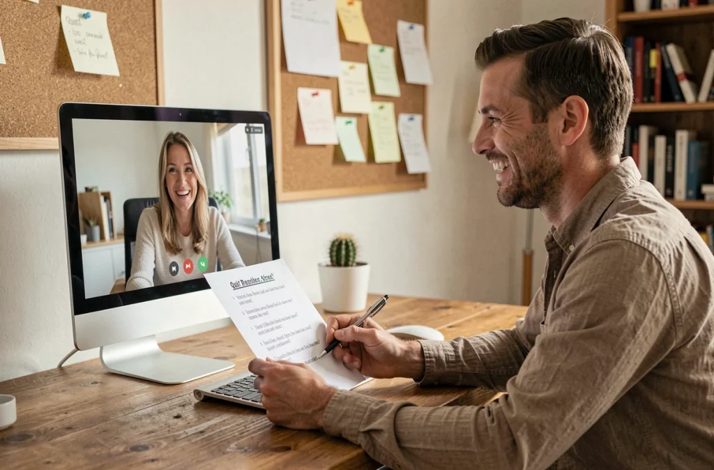 Homme participant au jeu Les Z'amours en vidéo avec sa partenaire depuis son bureau à domicile