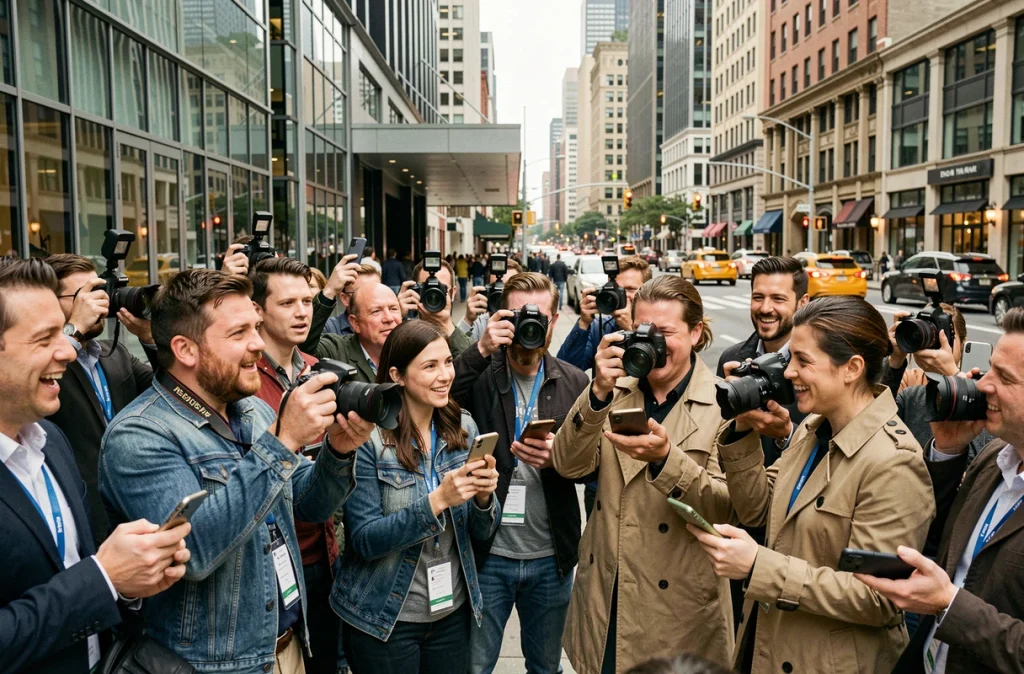 Journalistes et photographes rassemblés devant un lieu événementiel, presse people et rumeurs en 2026