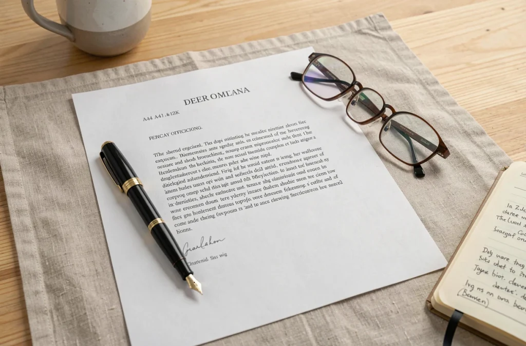 Gros plan sur une lettre de congé parental rédigée sur un bureau avec stylo et agenda