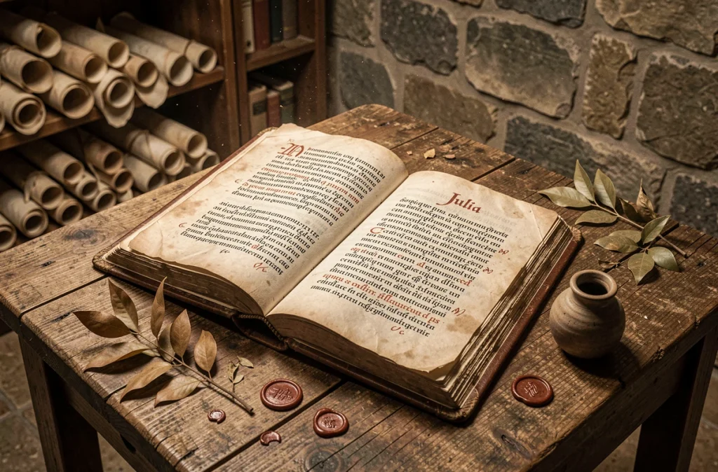 Manuscrit latin ancien ouvert avec le prénom Julia en calligraphie sur une table en chêne dans une bibliothèque historique