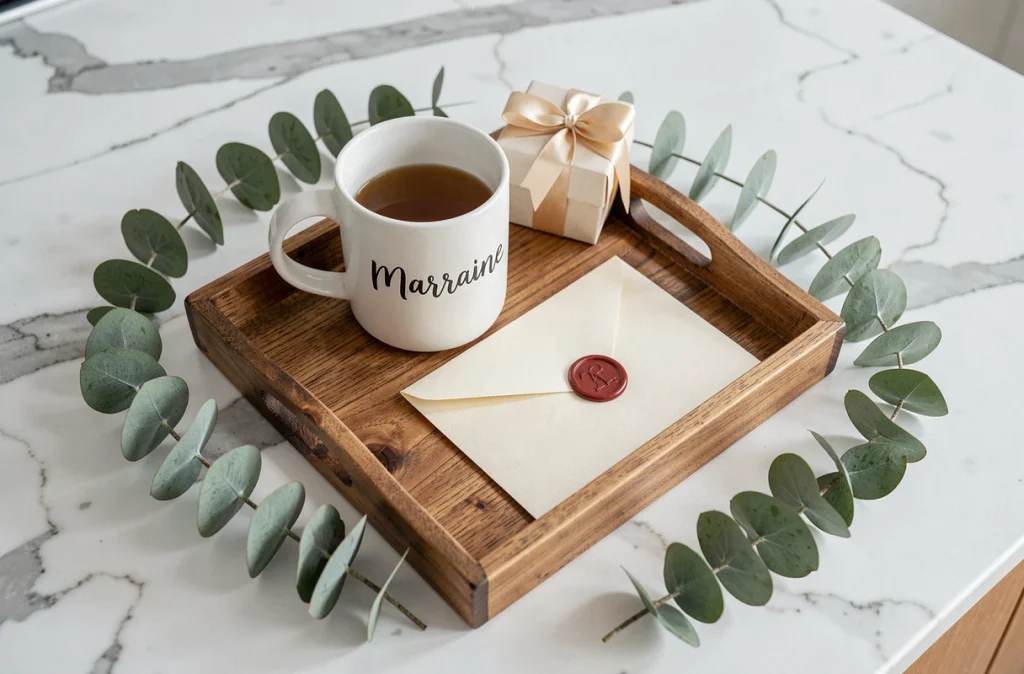 Plateau cadeau personnalisé avec tasse marraine et carte pour annoncer la marraine en surprise