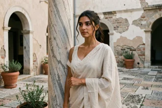 Jeune femme en tenue romaine antique debout près d'une colonne en marbre dans une cour méditerranéenne