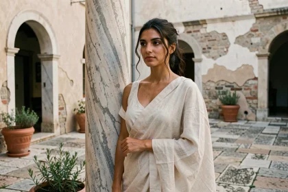 Jeune femme en tenue romaine antique debout près d'une colonne en marbre dans une cour méditerranéenne