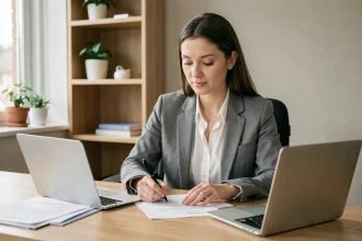 Femme rédigeant une lettre de congé parental à son bureau à domicile