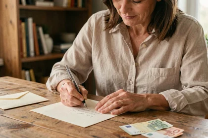 Femme écrivant une lettre de remerciement manuscrite pour un cadeau en argent, posée sur un bureau en bois avec une enveloppe et des billets en euros