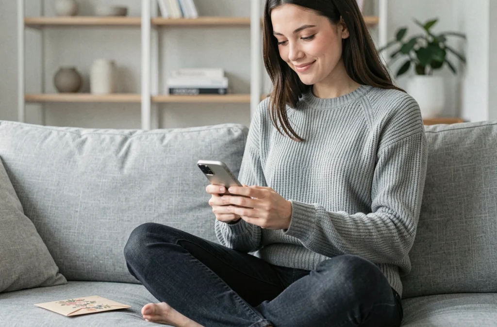 Jeune femme souriante rédigeant un message de remerciement sur son smartphone pour un cadeau en argent reçu, assise sur un canapé moderne