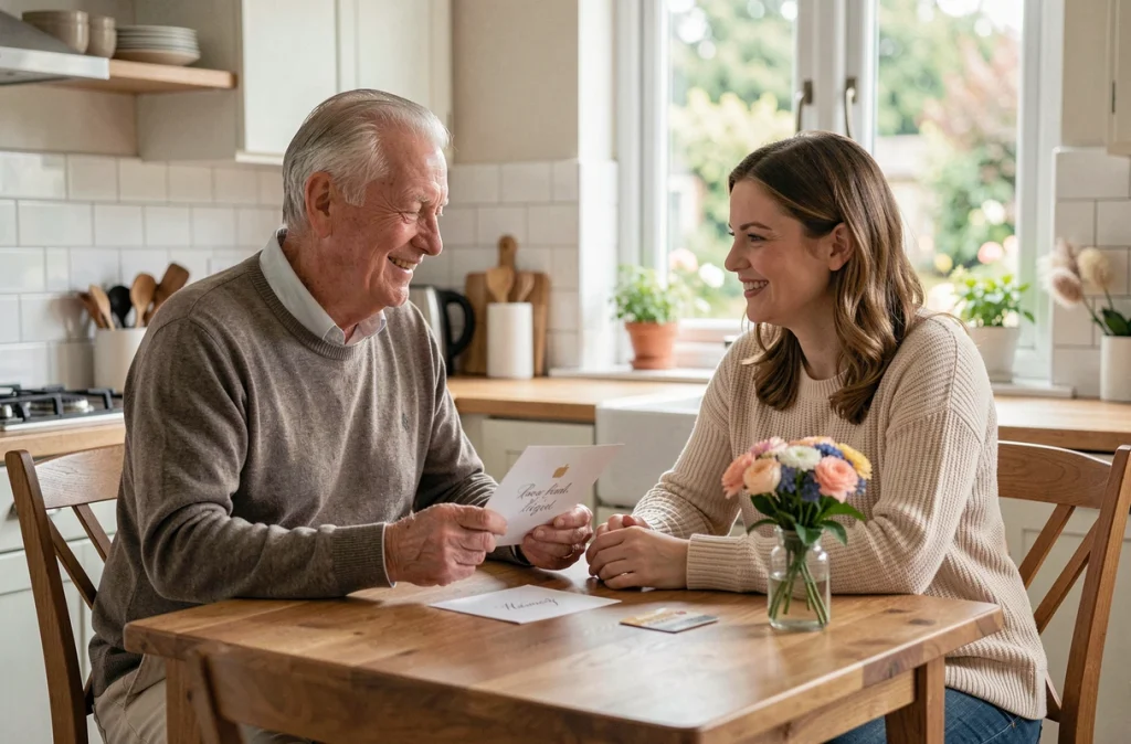 Un homme âgé et une femme plus jeune partageant un moment de gratitude autour d'une table, tenant une carte de remerciement pour un cadeau en argent