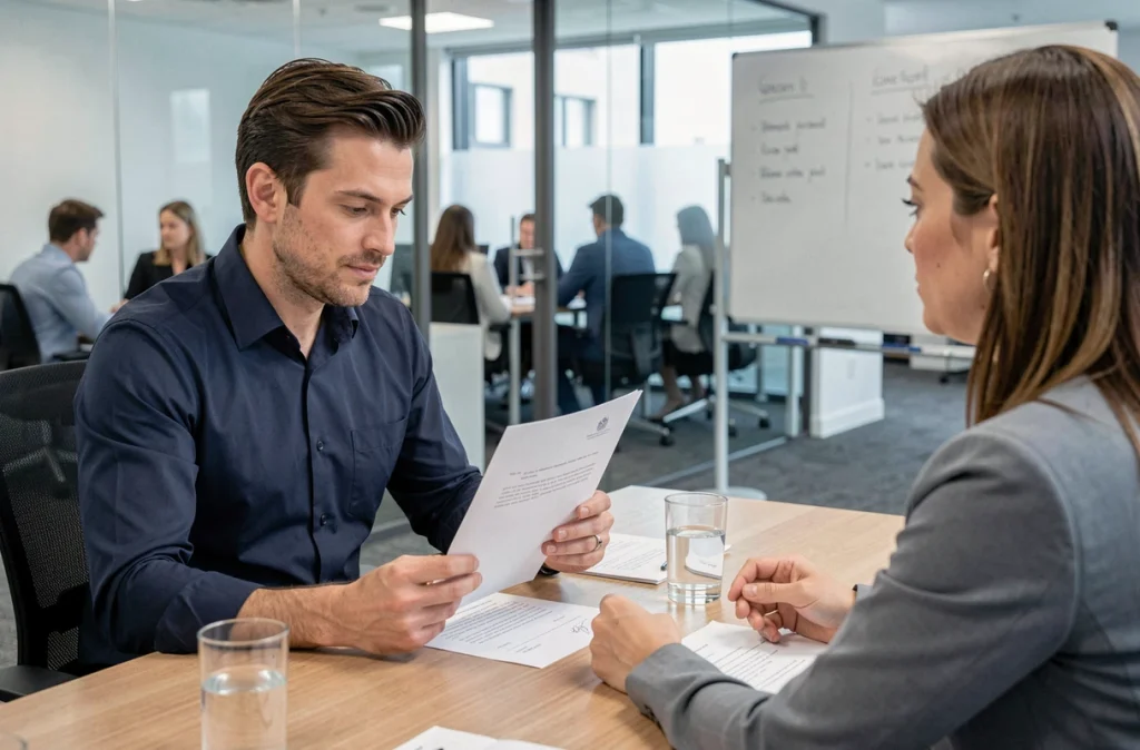 Employé remettant sa lettre de congé parental à son responsable RH en entreprise