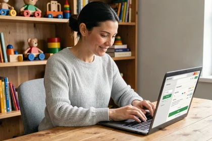 Femme saisissant un code promo sur un site de jouets en bois depuis son bureau à domicile