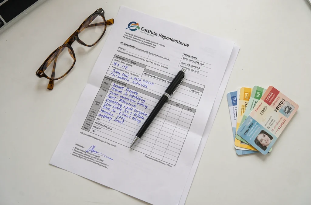 Vue de dessus d'un certificat de concubinage imprimé partiellement rempli avec pièces justificatives sur un bureau