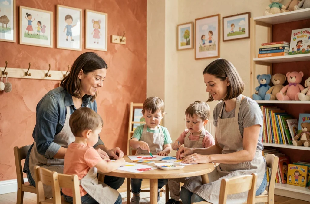 Activité peinture dans la crèche associative Bambolino à Boulogne-Billancourt avec des éducatrices accompagnant les enfants