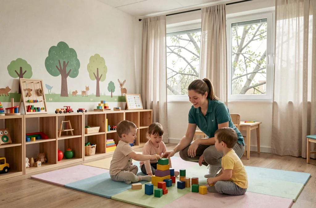 Salle de jeux de la crèche Babilou Boulogne Tilleuls avec une puéricultrice accompagnant des tout-petits dans une activité d'éveil