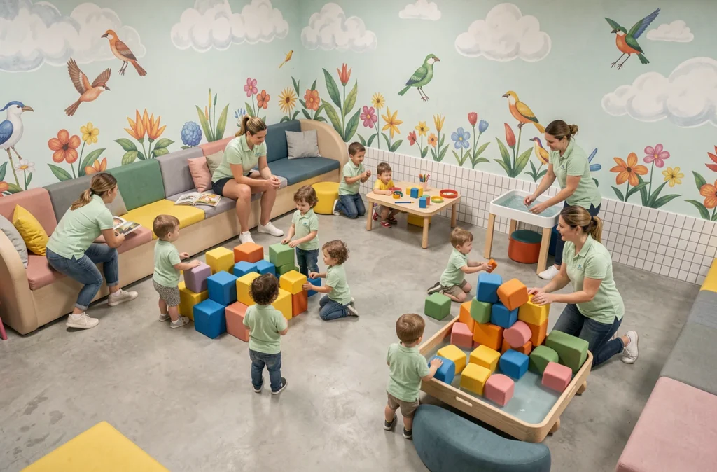 Grande salle de jeux de la crèche collective Babilou Enfants du Paradis à Boulogne-Billancourt avec plusieurs espaces d'activités et des éducatrices en polo vert