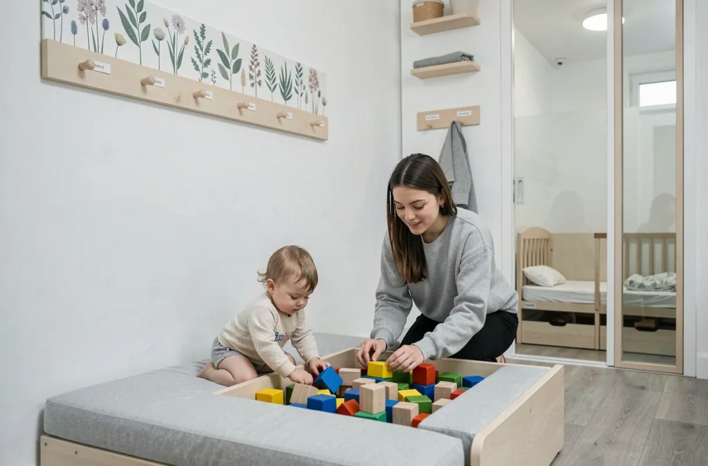 Éducatrice de la micro-crèche Babilou Koufra à Boulogne-Billancourt en activité sensorielle avec deux tout-petits dans un espace intime et épuré