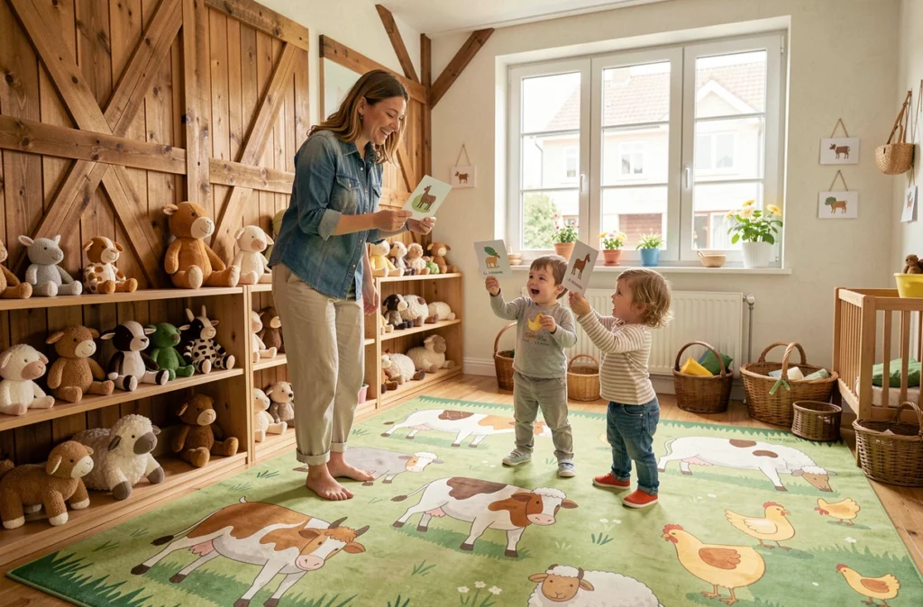 Salle thématique de la crèche Babilou La Ferme à Boulogne-Billancourt décorée d'animaux de la ferme avec une éducatrice animant un jeu d'éveil