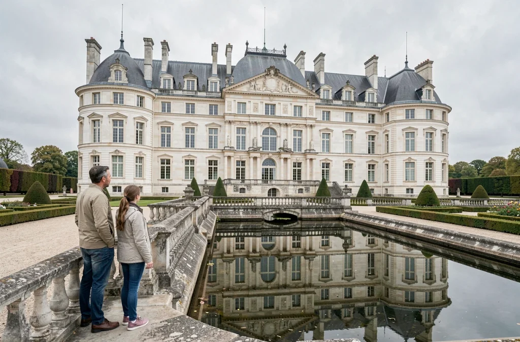 Père et fille admirant la façade du Château de Chantilly et ses reflets dans les douves