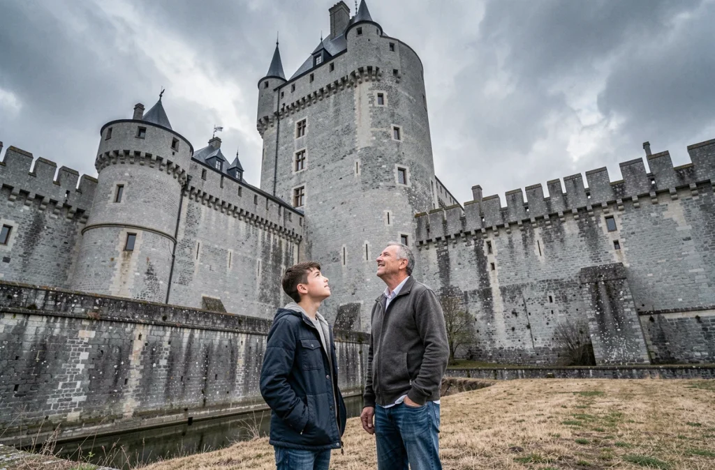 Père et fils admirant les imposantes tours médiévales du Château de Pierrefonds dans l'Oise