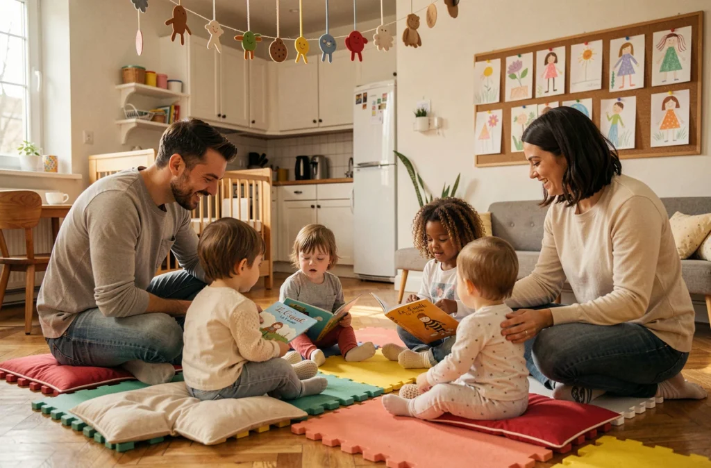 Parents et éducatrice de la crèche parentale La Cigale La Fourmi à Boulogne-Billancourt participant ensemble à une lecture pour les enfants