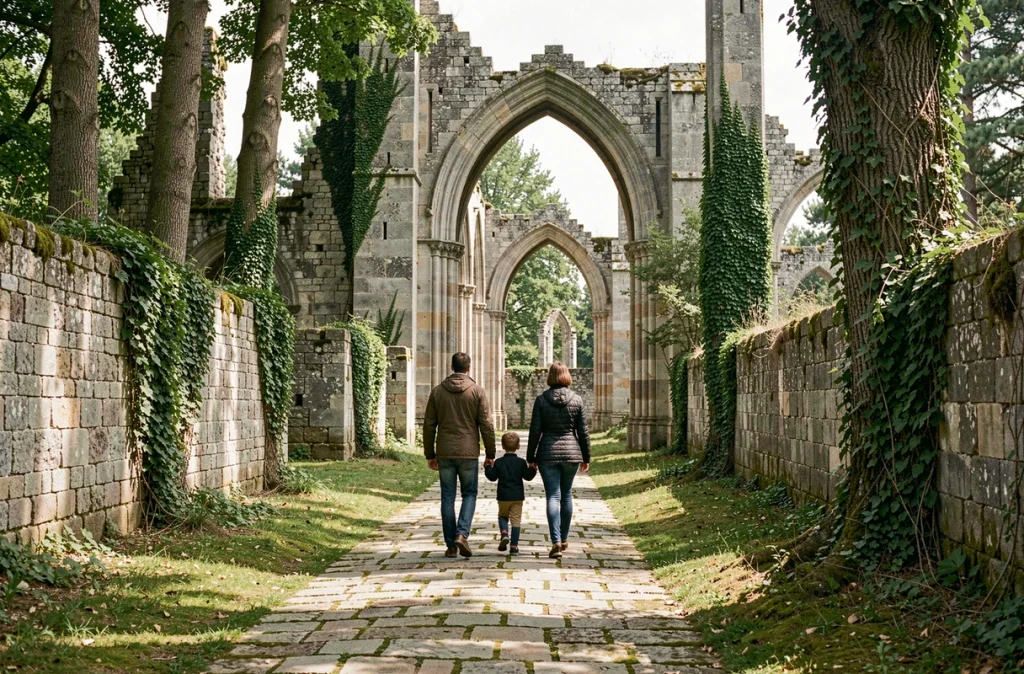 Famille se promenant parmi les ruines de l'abbaye du Domaine de Chaalis dans l'Oise