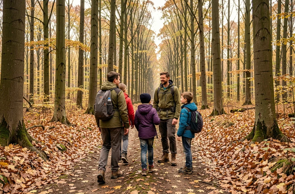 Famille en randonnée dans les sous-bois de la Forêt de Compiègne en automne