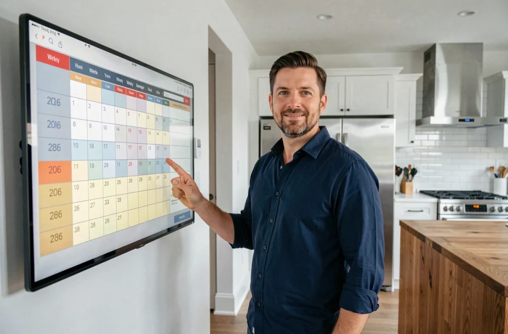 Homme vérifiant un calendrier numérique 2026 avec semaines paires et impaires dans une cuisine moderne
