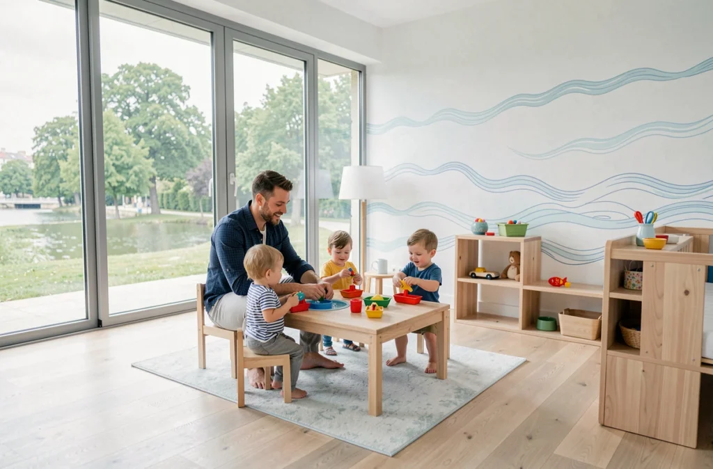 Éducateur de la crèche Ile de la Jatte à Neuilly-sur-Seine animant un jeu aquatique avec des enfants dans une salle lumineuse aux grandes fenêtres donnant sur un parc