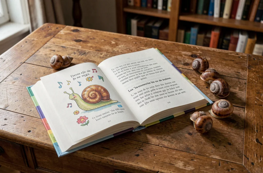 Livre de comptines pour enfants ouvert avec illustration d'escargot et coquilles disposées sur une table en bois rustique