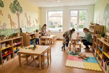 Vue intérieure d'une crèche moderne dans les Hauts-de-Seine avec des enfants jouant sous la supervision de professionnelles de la petite enfance