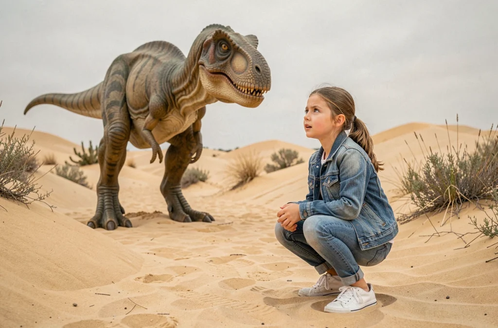 Petite fille émerveillée devant une sculpture de dinosaure à La Mer de Sable, Ermenonville